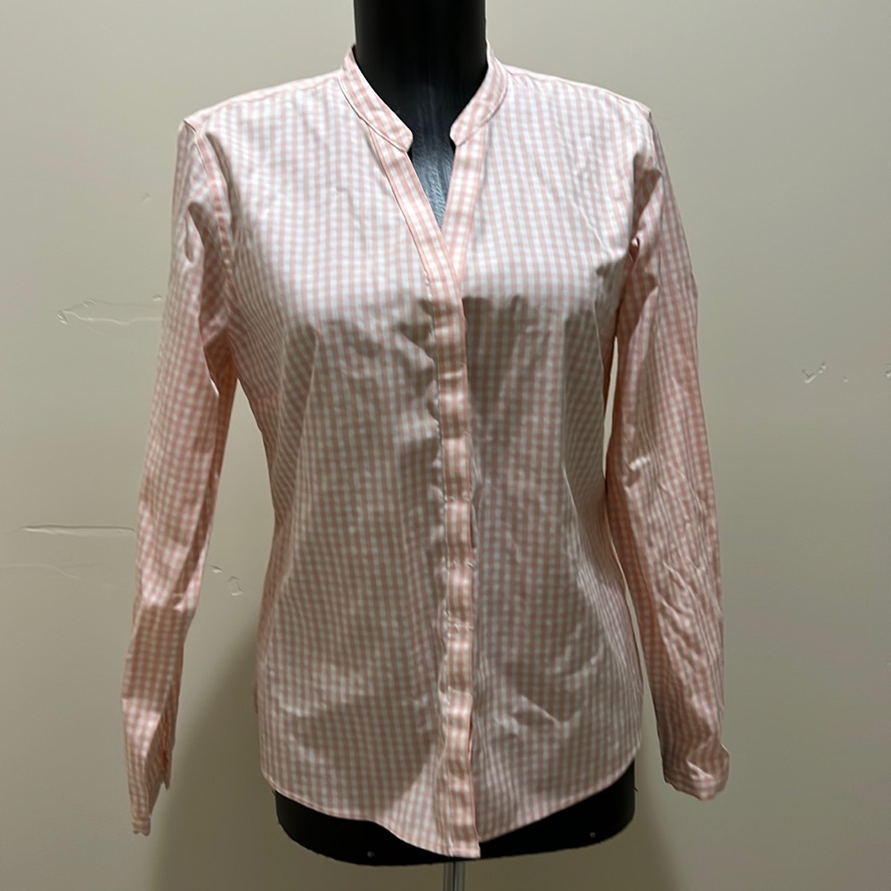 LL Bean pink and white checkered button down wrinkle free shirt size XS